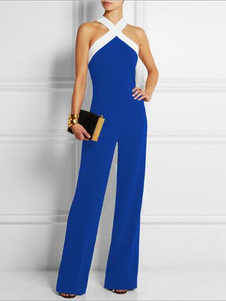 

White Binding Halter Wide Leg Jumpsuit - Dark Blue