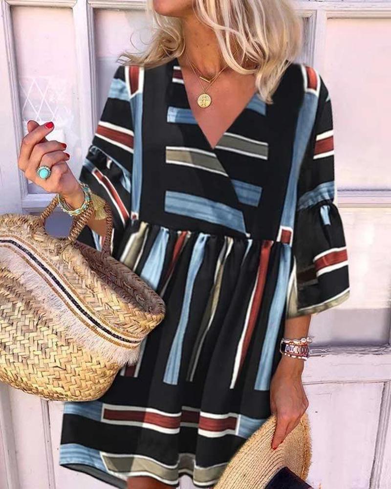 

Bell Sleeve V Neck Striped Mini Dress