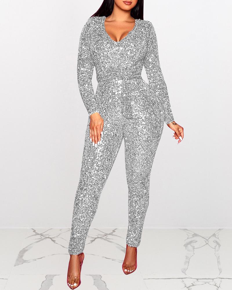 

Sequins V-Neck Long Sleeve Jumpsuit, Silver