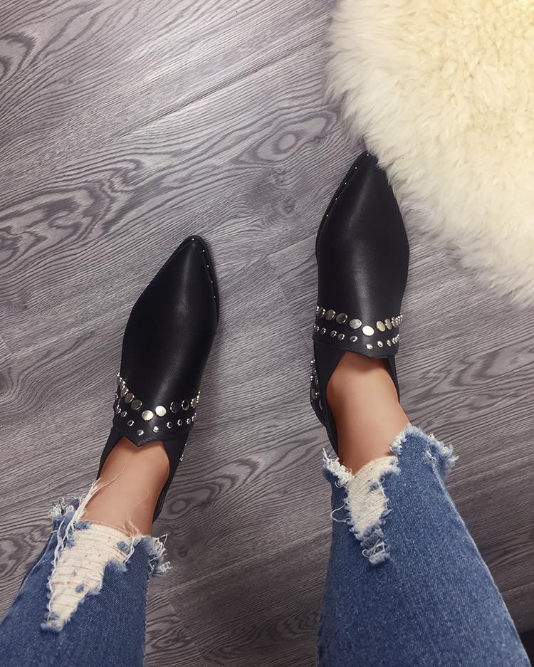 

Stud Embellished Point Toe Short Boots, Black