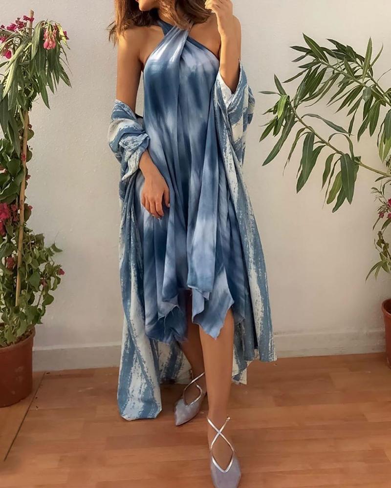 

Tie Dye Print Halter Crisscross Irregular Dress, Blue