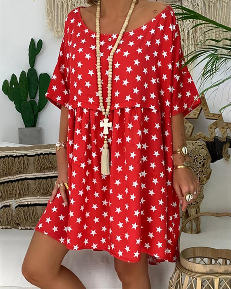 

Stars Print Half Sleeve Casual Dress, Red