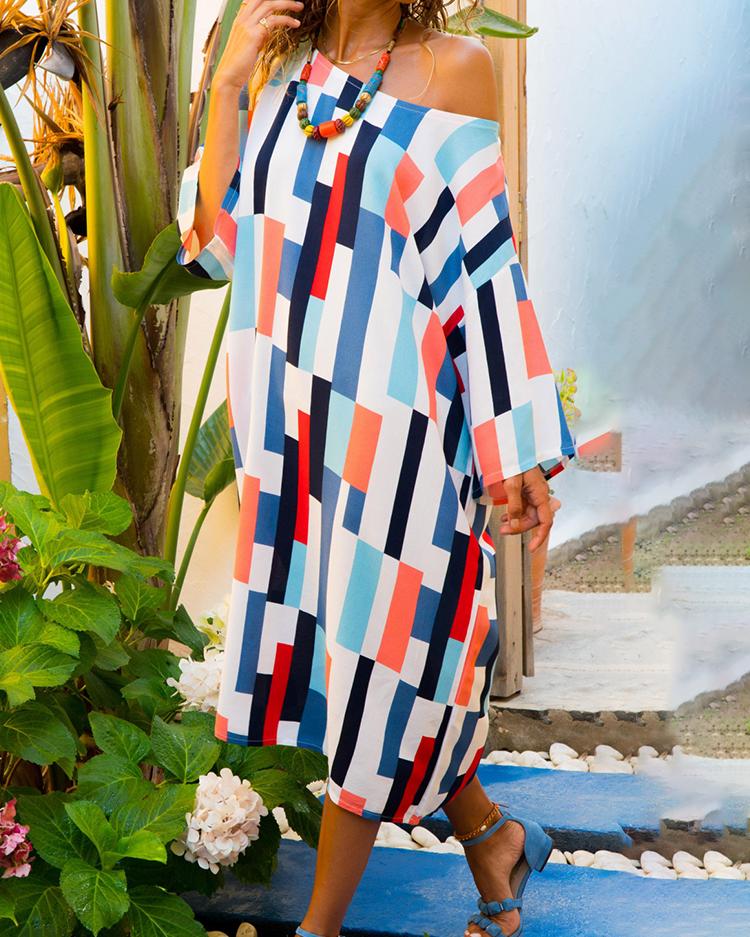 

Colorful Geo Print Skew Neck Loose Casual Dress, Multicolor
