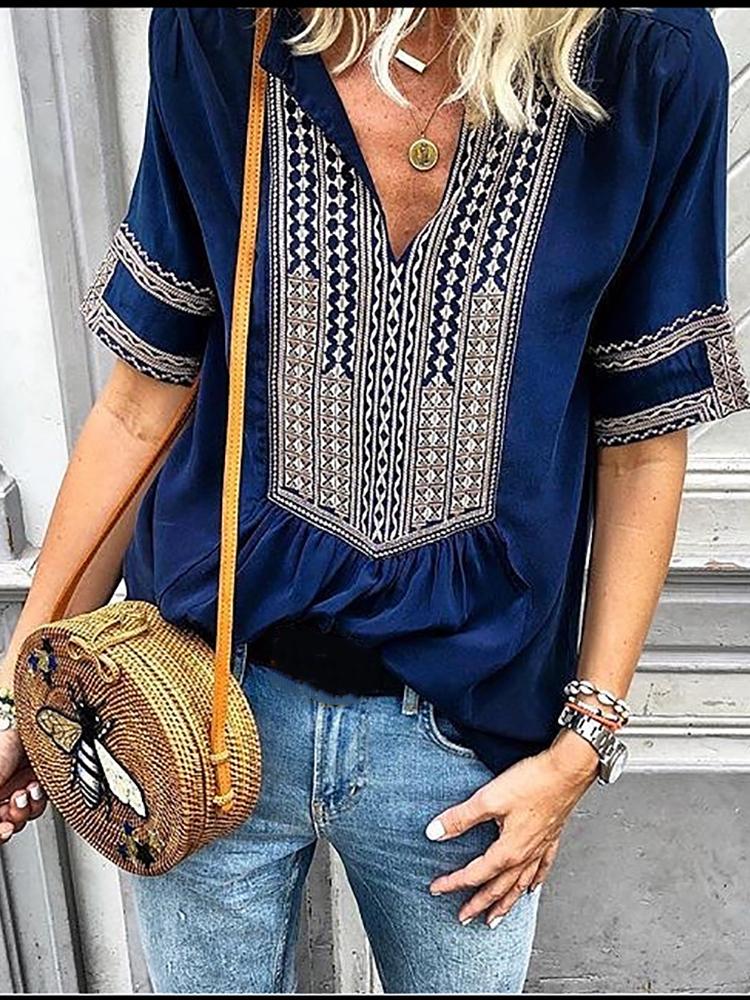 

Ethnic Print Splicing V-Neck Casual Blouse, Dark blue