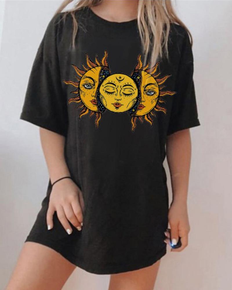 

Print Loose Round Neck T-shirt, Yellow
