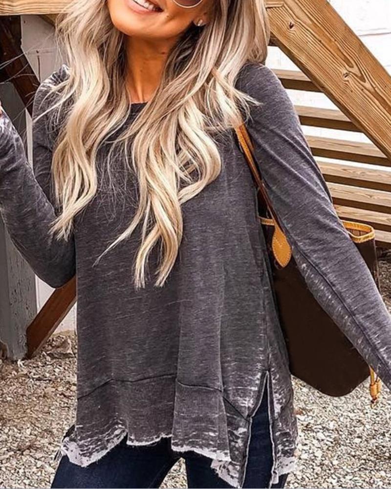 

Solid Round Neck Side Slit Long Sleeve T-shirt, Gray