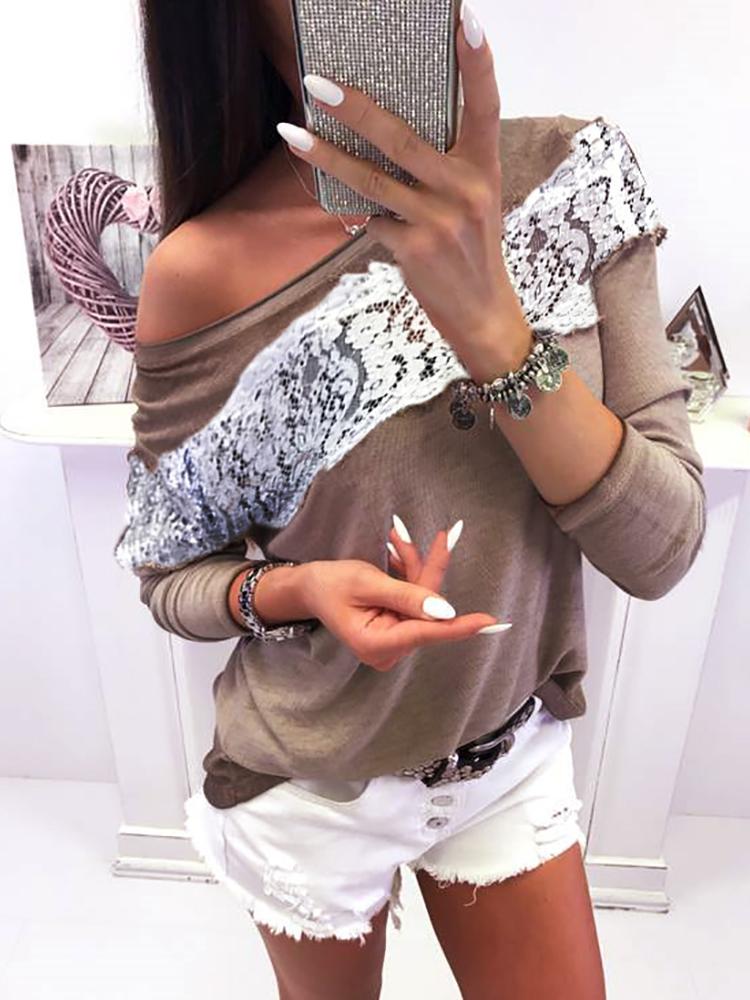 

Lace Insert Skew Neck Long Sleeve Top