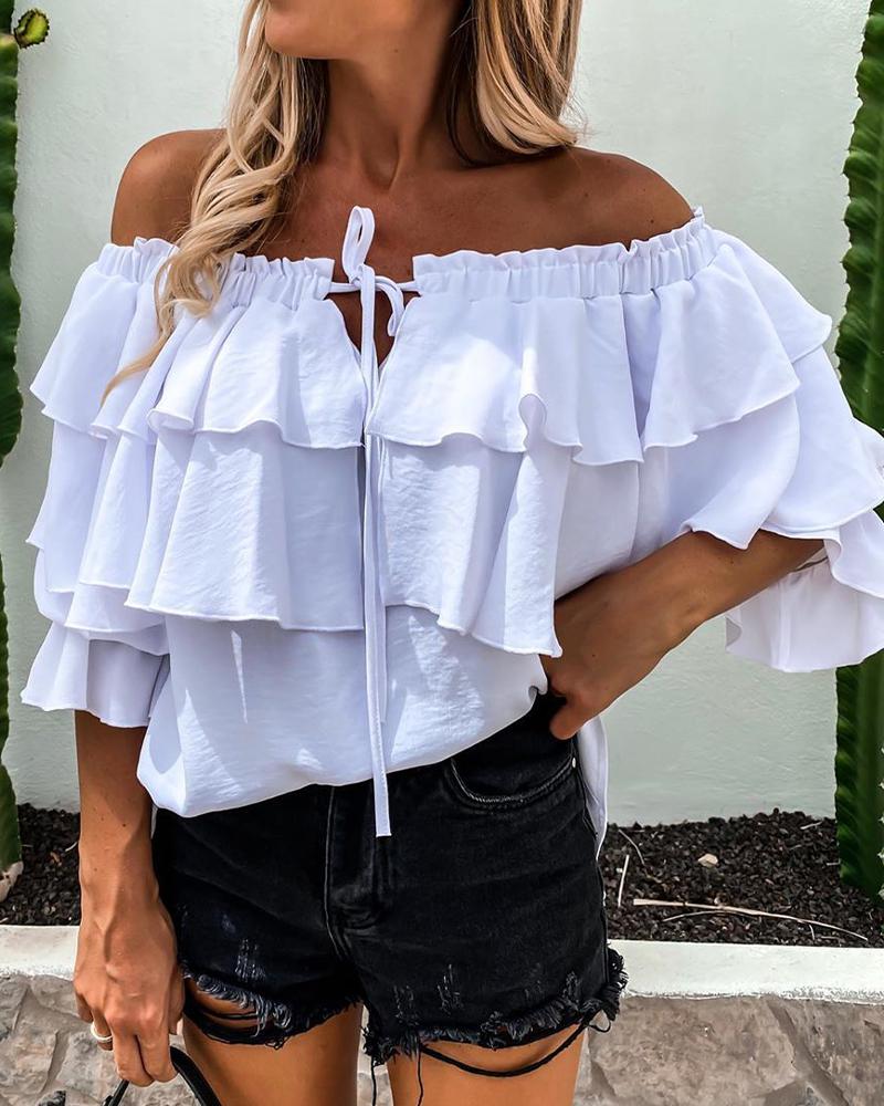

Off Shoulder Lace-up Layered Ruffle Top, White