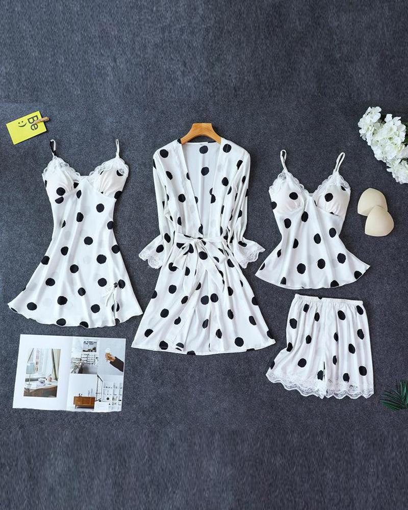 

Polka Dot 4pcs Pajama Set, White