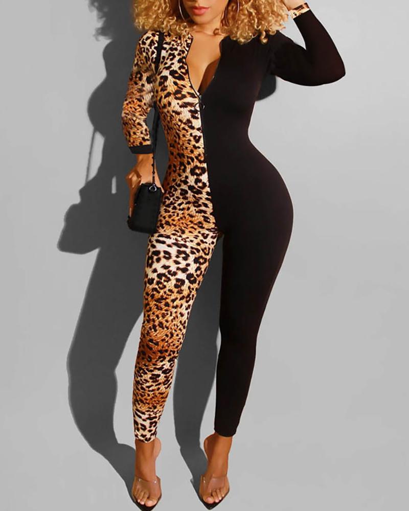 

V Neck Colorblock Insert Leopard Jumpsuit