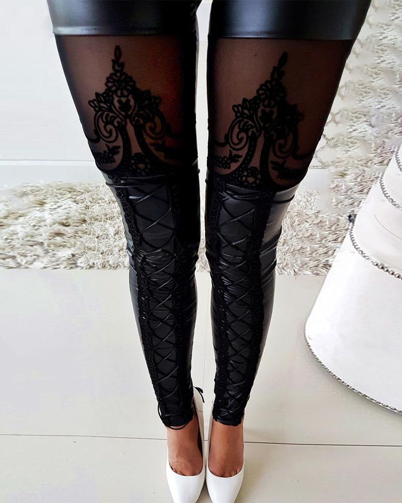 

Faux Leather Sheer Mesh Lace Pant, Black