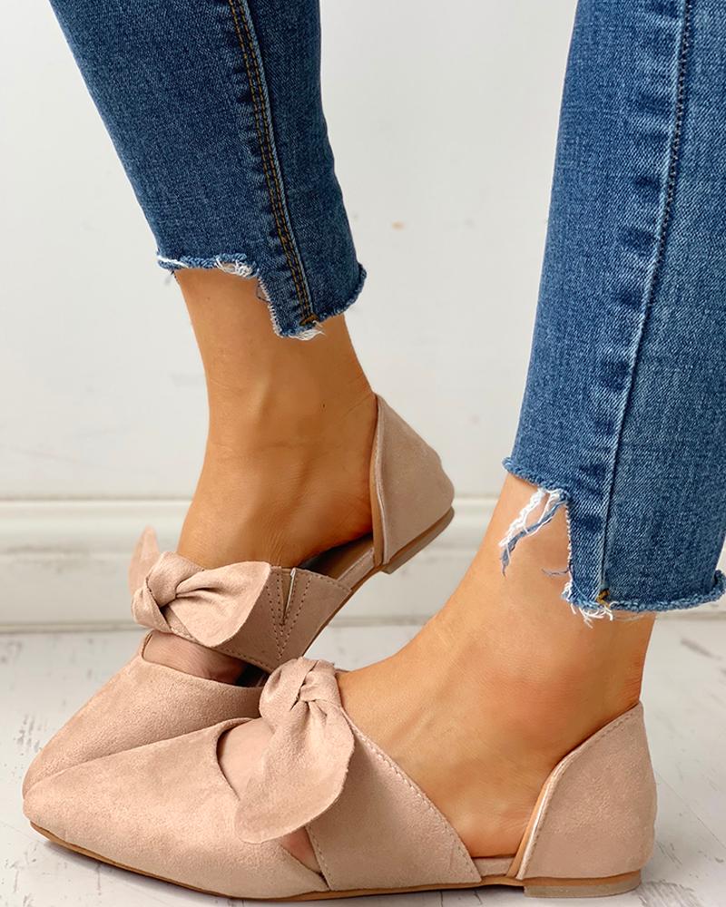 

Suede Bowknot Pointed Toe Flat Shoes, Apricot