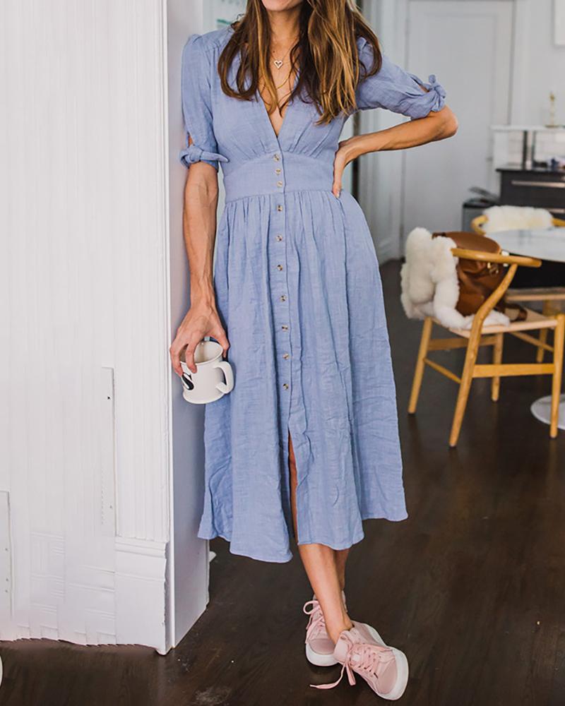 

V Neck Tied Sleeve Button Design Ruched Casual Dress, Blue