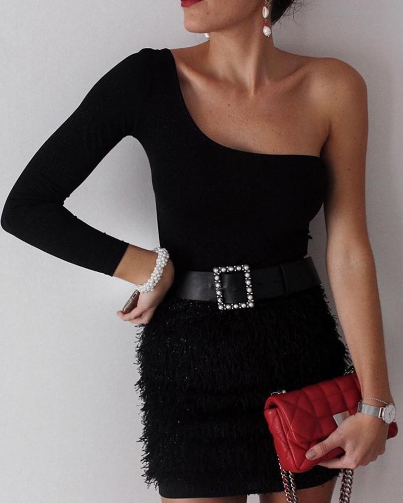 

One Shoulder Feather Bodycon Dress, Black