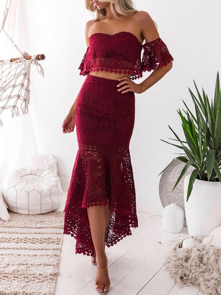 

Hollow Out Lace Mermaid High-Low Hem Skirt Sets