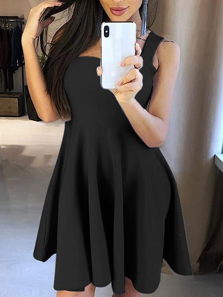 

Solid Thick Strap Pleated Mini Dress