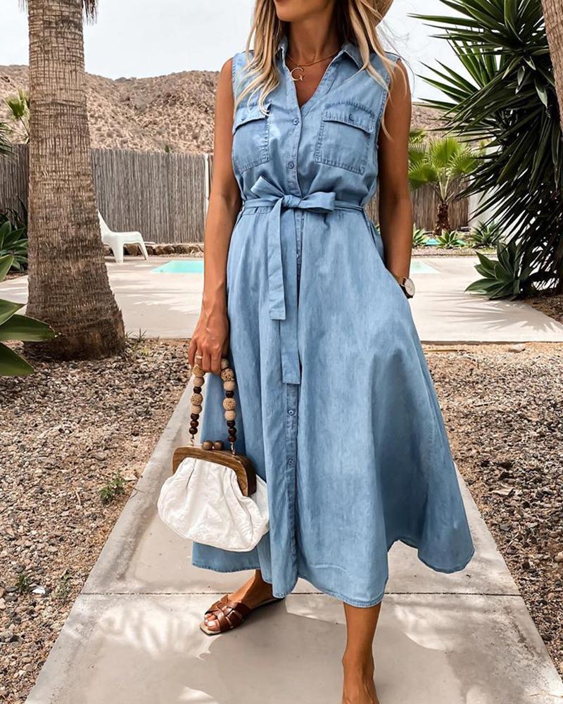 

Denim Sleeveless Pocket Shirt Dress, Light blue