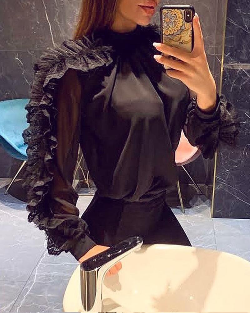 

Solid Ruffle Mesh Sleeve Top, Black
