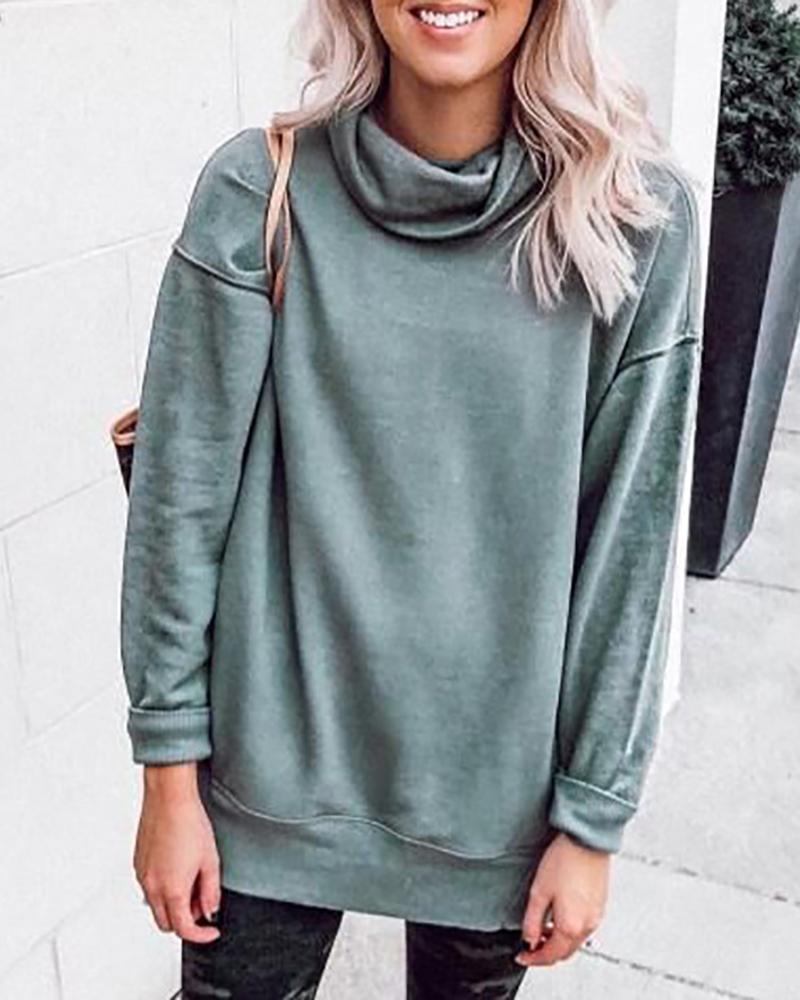 

Solid High Neck Long Sleeve Casual Sweatshirt, Green