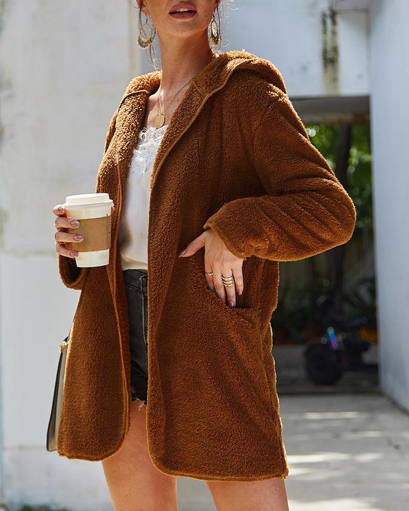 

Hooded Open Front Fluffy Coat, Khaki