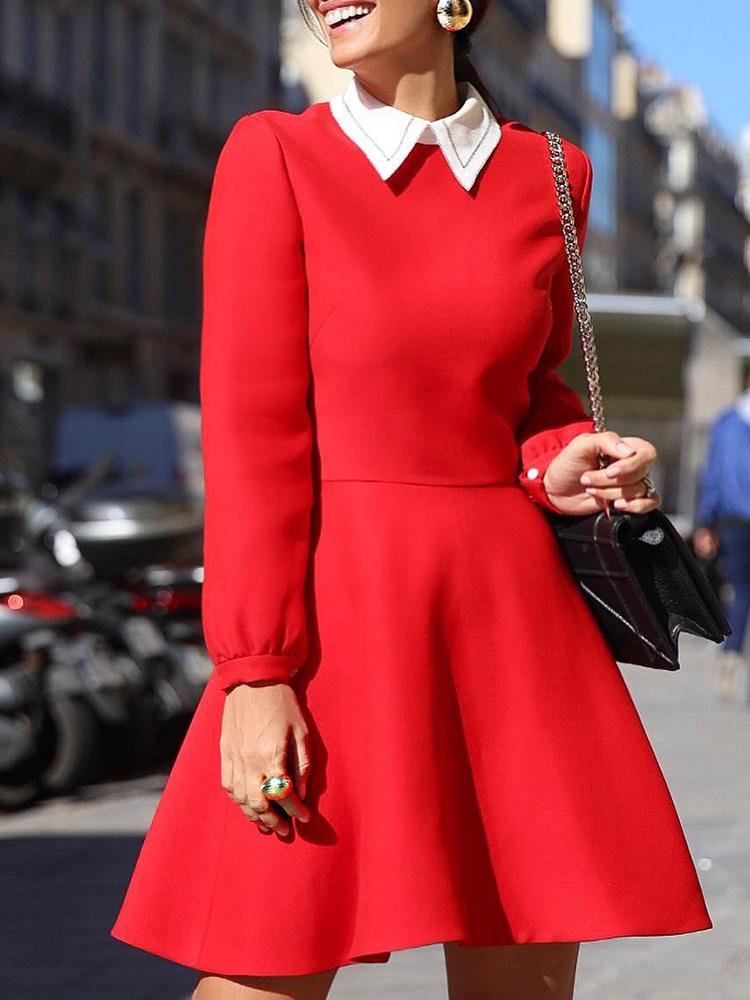 

Contrast Collar Long Sleeve Dress, Red