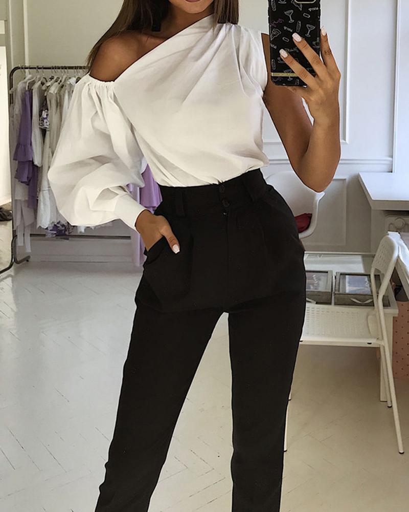 

One-shoulder Lantern Sleeve Fashion White Blouse