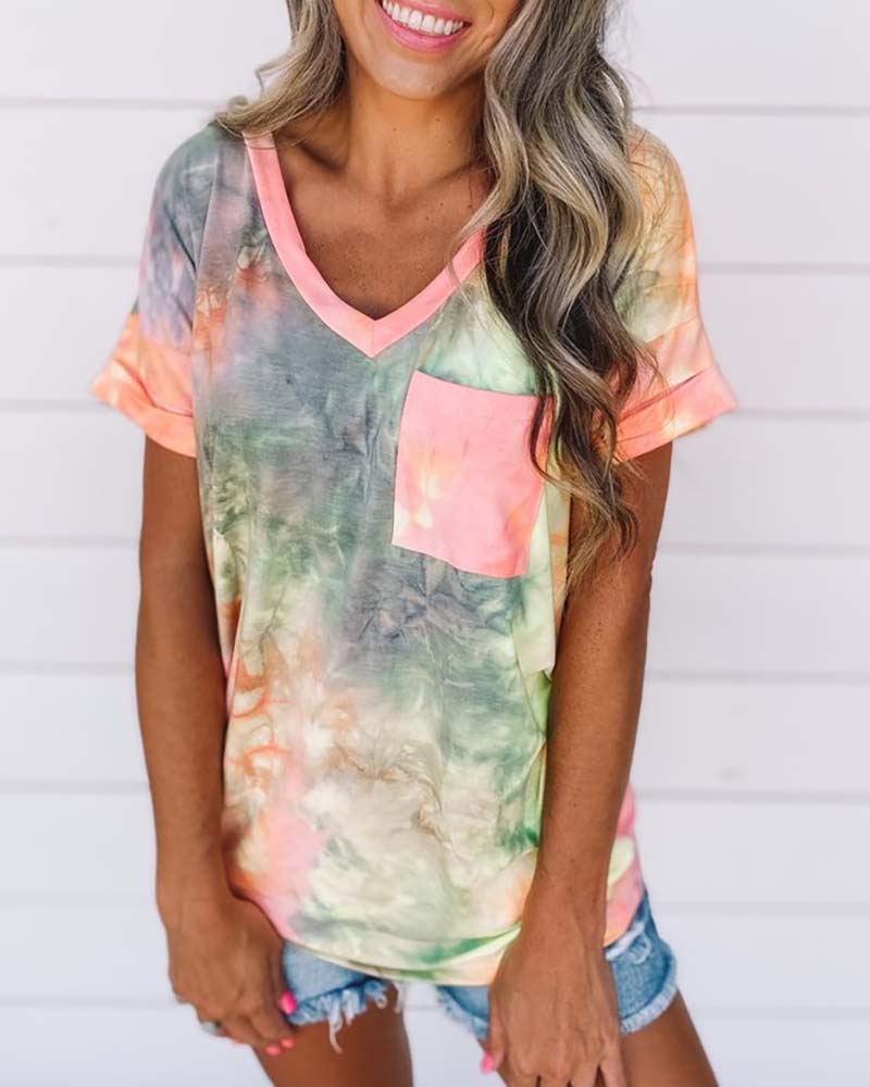 

Tie Dye Print V-neck Casual T-shirt, Multicolor