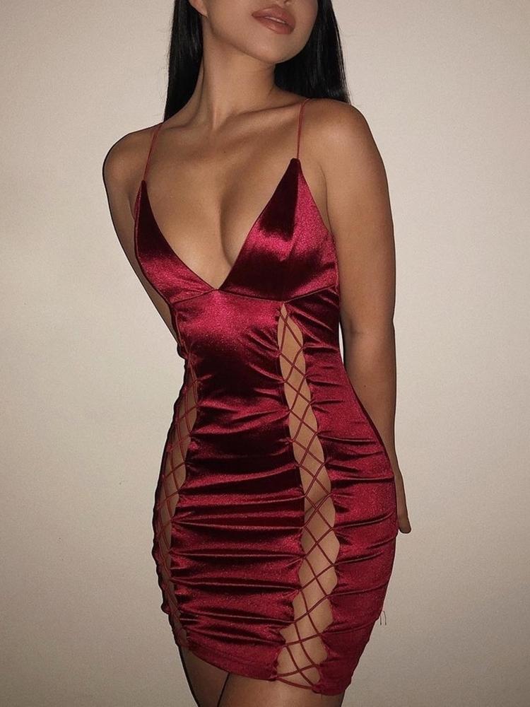 

Deep V-Neck Lace Up Sheath Slip Party Dress, Red