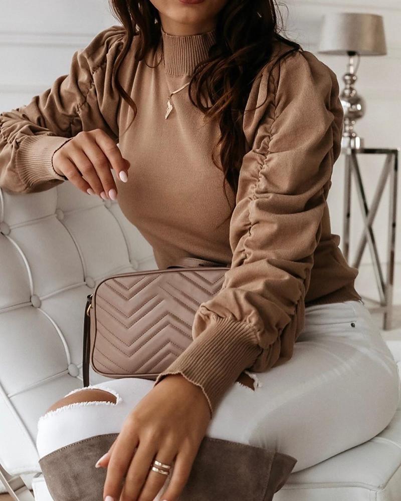 

Solid Puffed Sleeve Casaul Sweater, Khaki