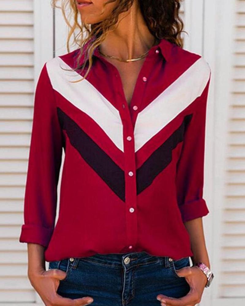 

Contrast Color Button-Up Long Sleeve Shirt, Red