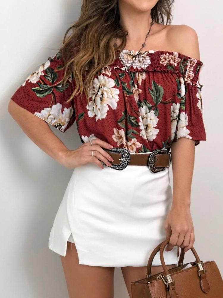 

Floral Print Shirring Off Shoulder Blouse
