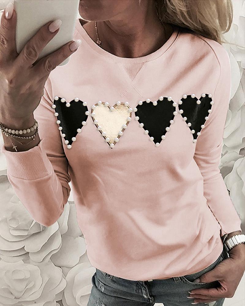 

Beaded Heart Pattern Round Neck Casual Sweatshirt, Pink