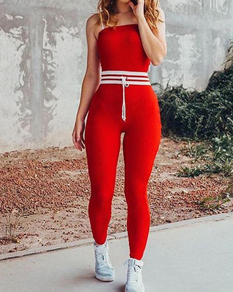

White Stripes Patchwork Strapless Slinky Jumpsuit