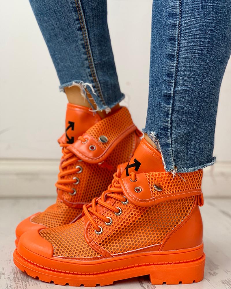 

Eyelet Lace-Up Fishnet Martin Boots, Orange