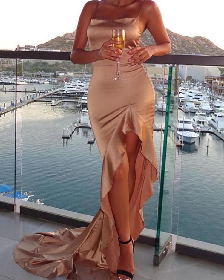 

Ruffles Design Dip Hem Evening Dress, Khaki