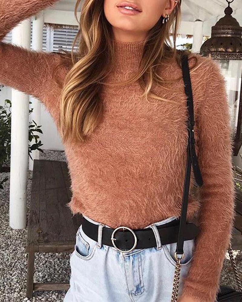 

High Neck Fluffy Sweater Top, Brown
