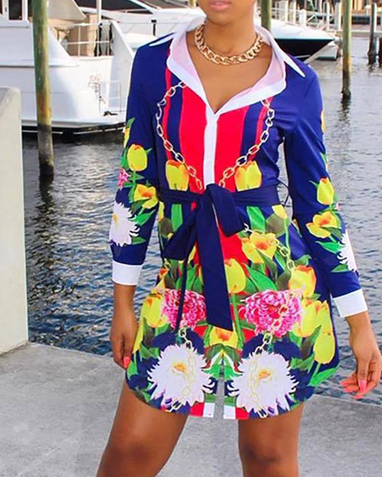 

Long Sleeve Tie Waist Floral Shirt Dress, Blue
