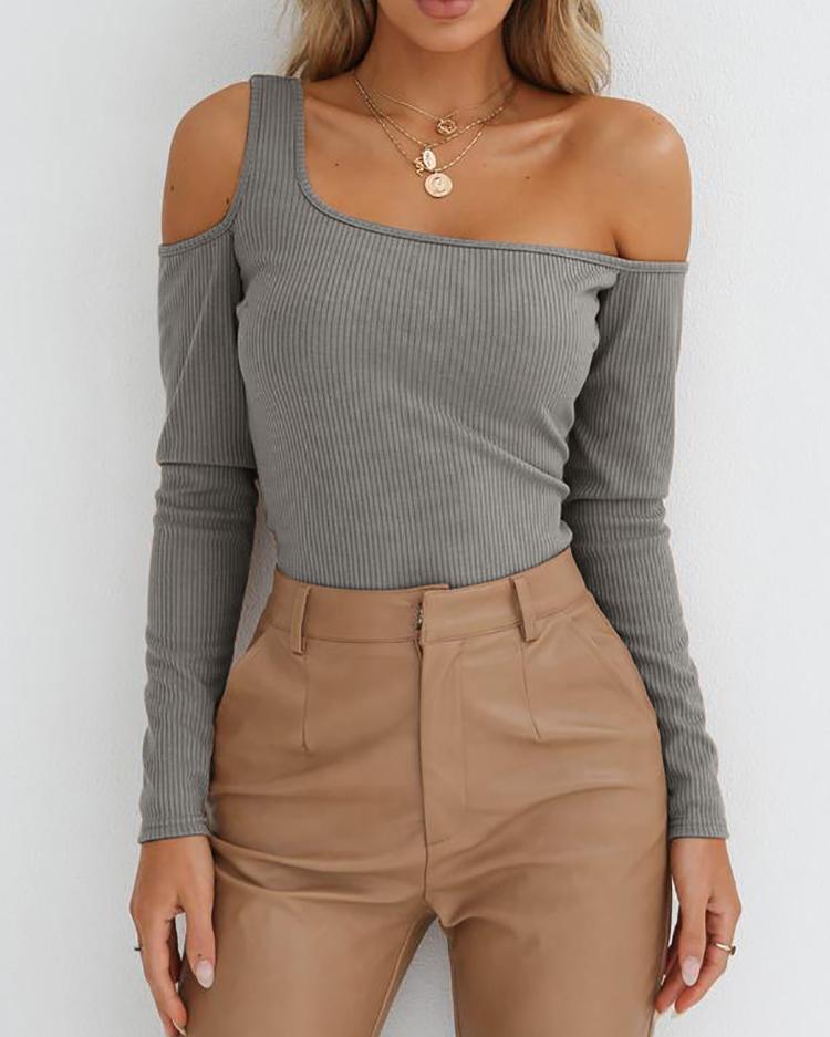 

Long Sleeve One Shoulder Top, Gray