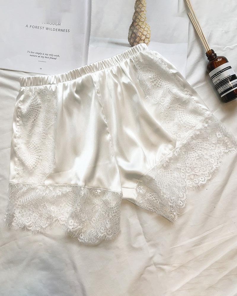 

Lace Trim Satin Homewear Shorts, White