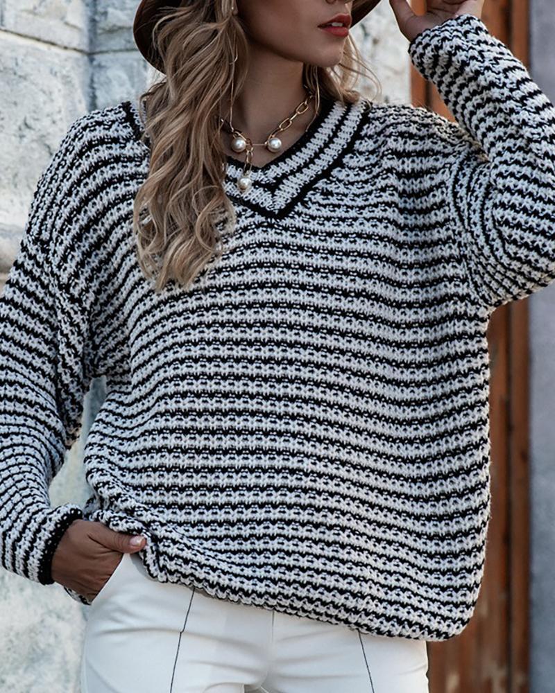 

Striped Long Sleeve Casual Sweater, Black