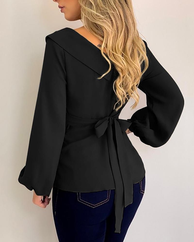 

Plain Lantern Sleeve Tie Detail Top, Black