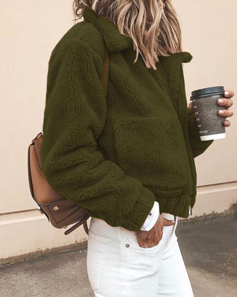 

Solid Turn-down Collar Pocket Fluffy Coat, Green