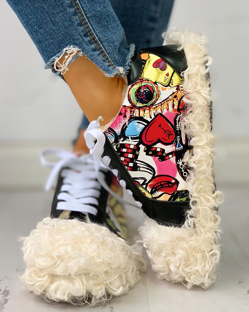 

Fluffy Lace-Up Comic Print Casual Sneakers, Beige