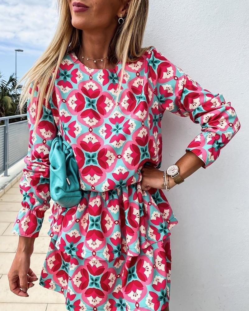 

Ruffles Long Sleeve Floral Print Dress, Red