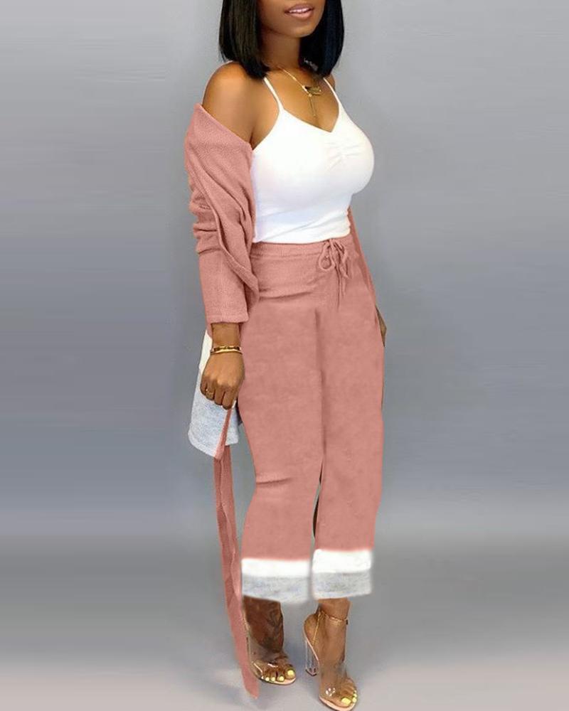 

Colorblock Tied Waist Coat & Casual Drawstring Design Pant Sets, Pink