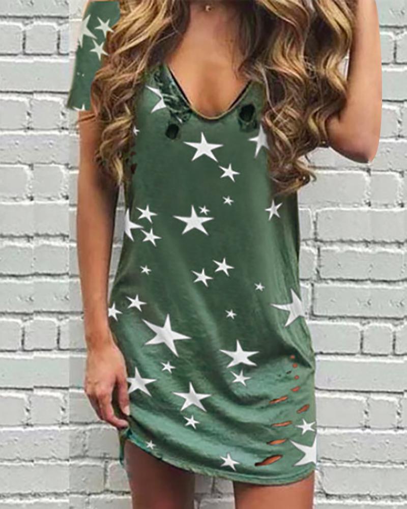 

V-neck Star Print Cut Out T-shirt, Green
