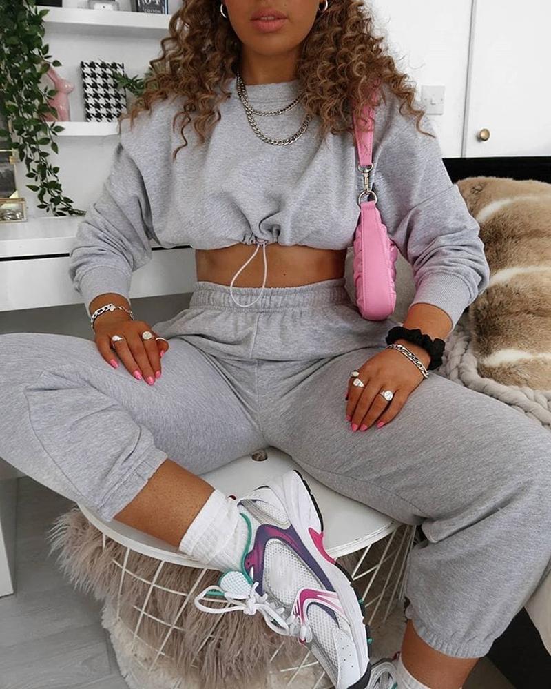 

Drawstring Crop Top & High Waist Pants Set, Gray
