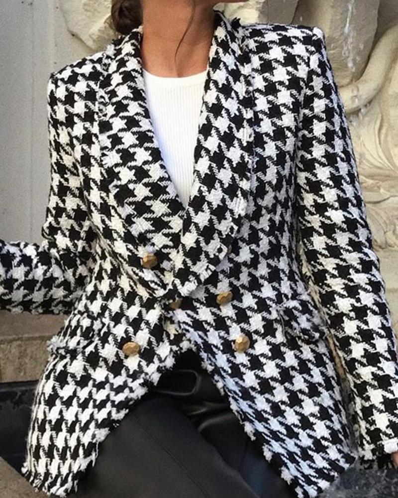 

Shawl Collar Button Houndstooth Blazer, Black