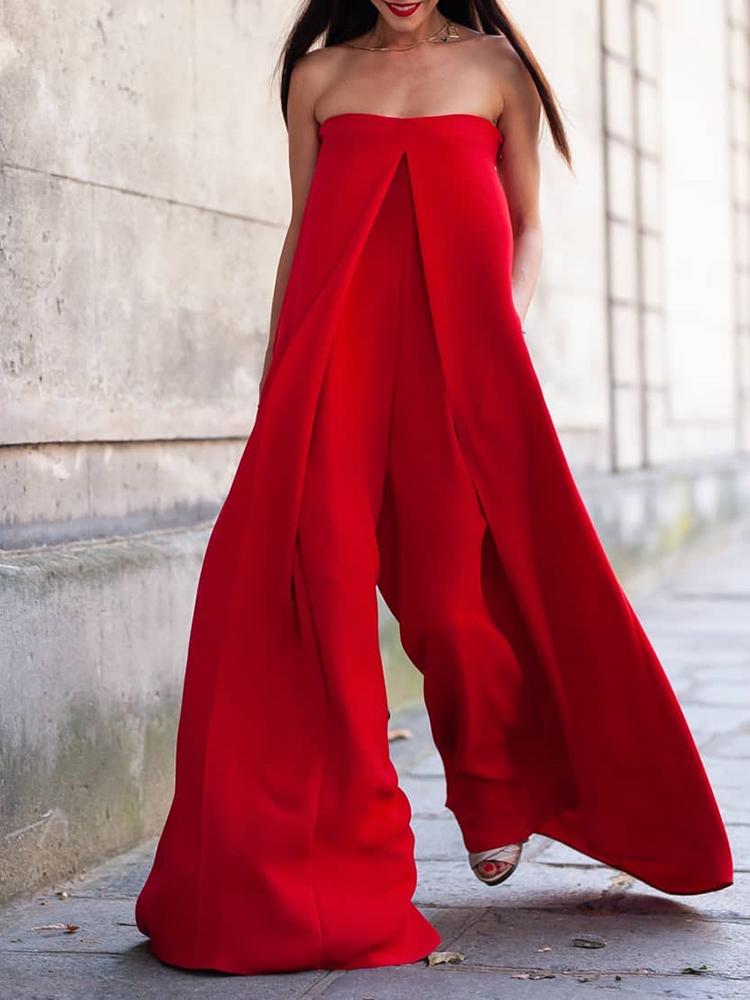 

Solid Strapless Pocket Wide Leg Jumpsuit, Red