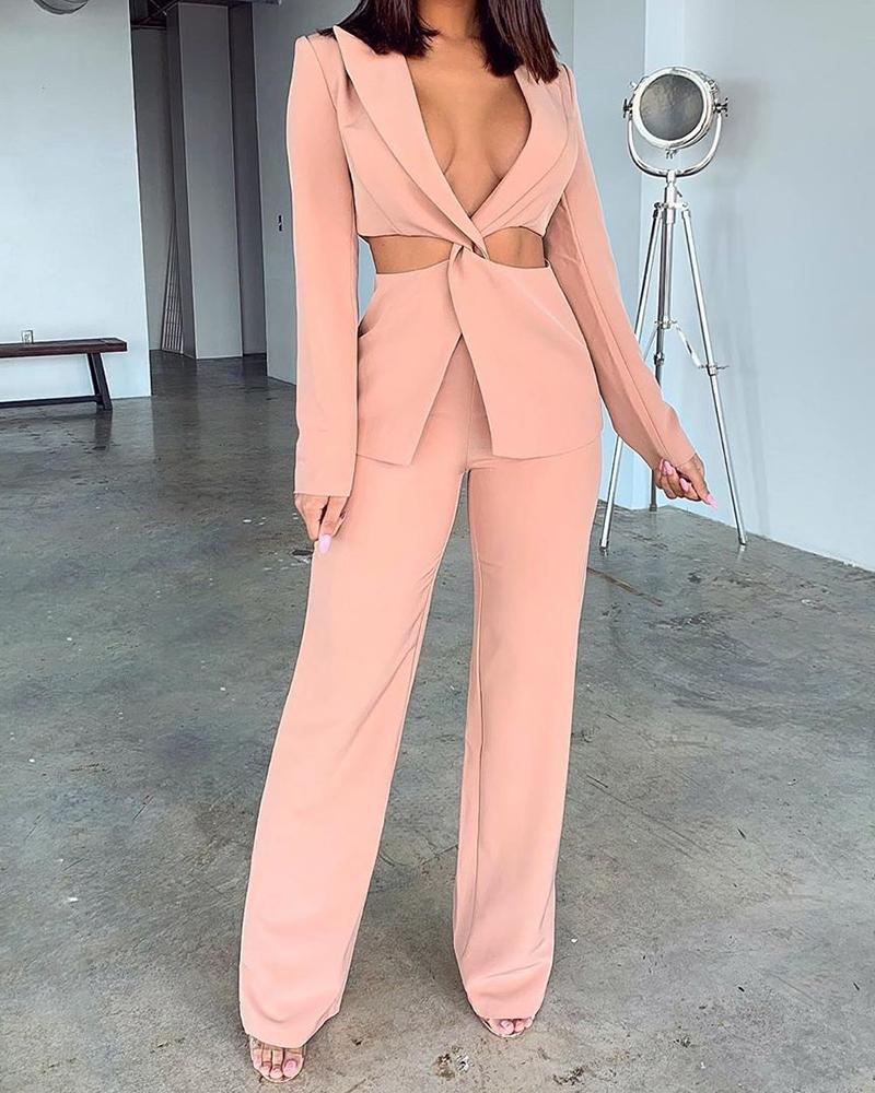

Solid Twist Front Top & Pants Suit, Pink